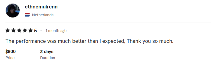 Five-star client review from ethnemulrenn in the Netherlands